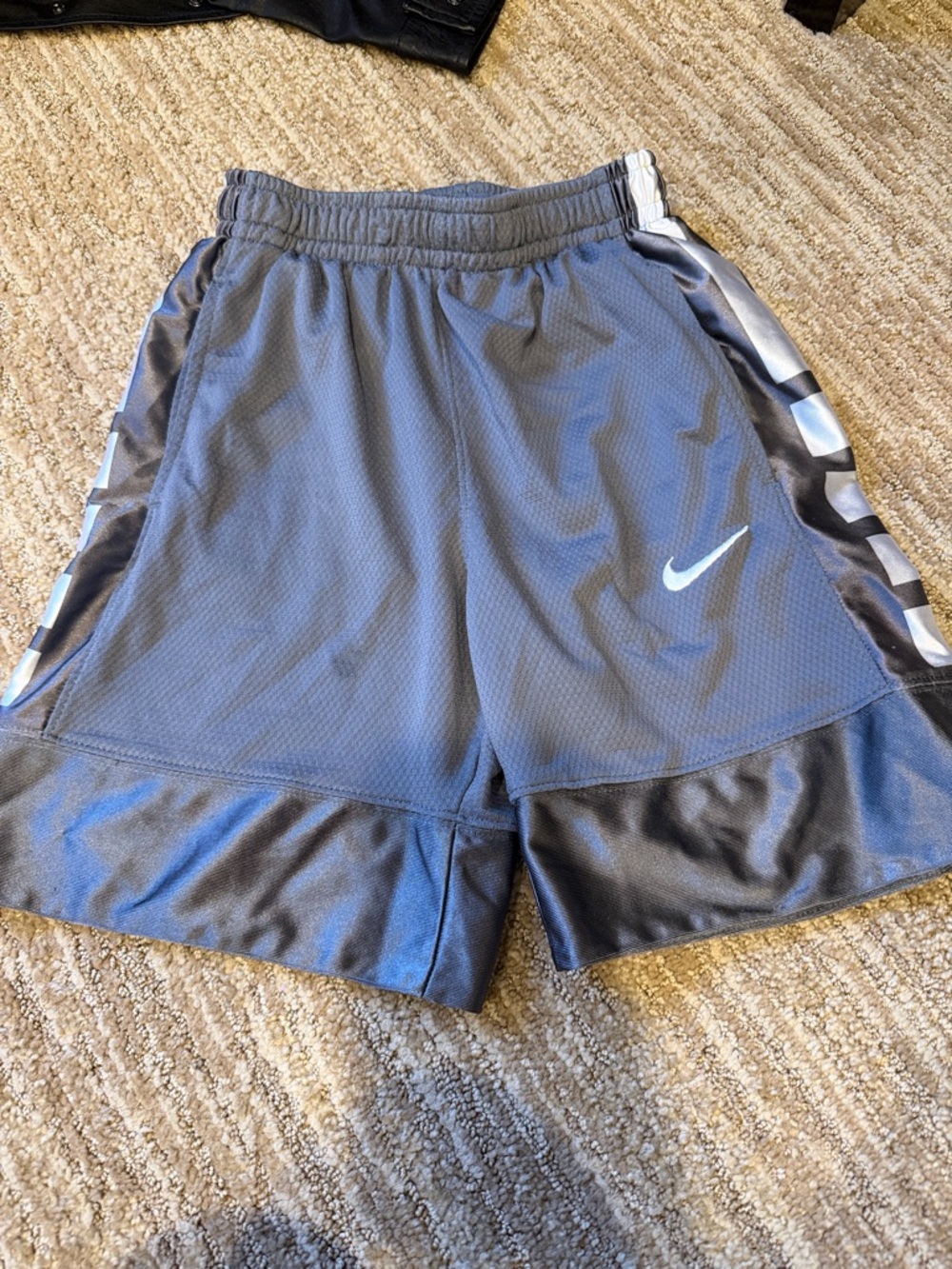 Nike Elite Gray Shorts with White Swoosh and Silver Side Panels